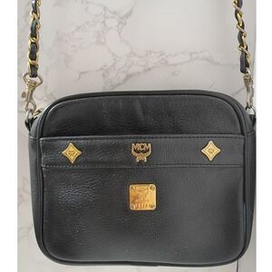 MCM Vintage Black Pebbled Leather Studded Chain Crossbody Camera Bag - EUC